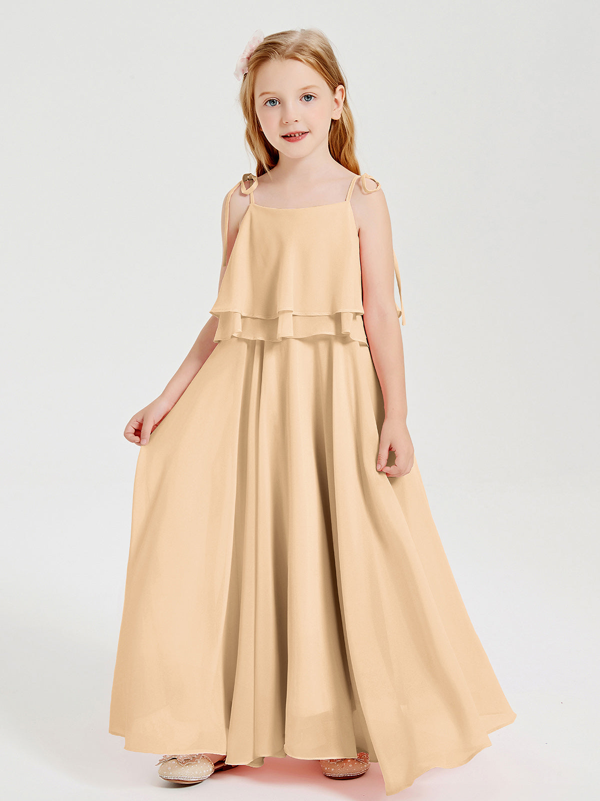 Chiffon Junior Bridesmaid Dresses Long Cascading Skirt Peach